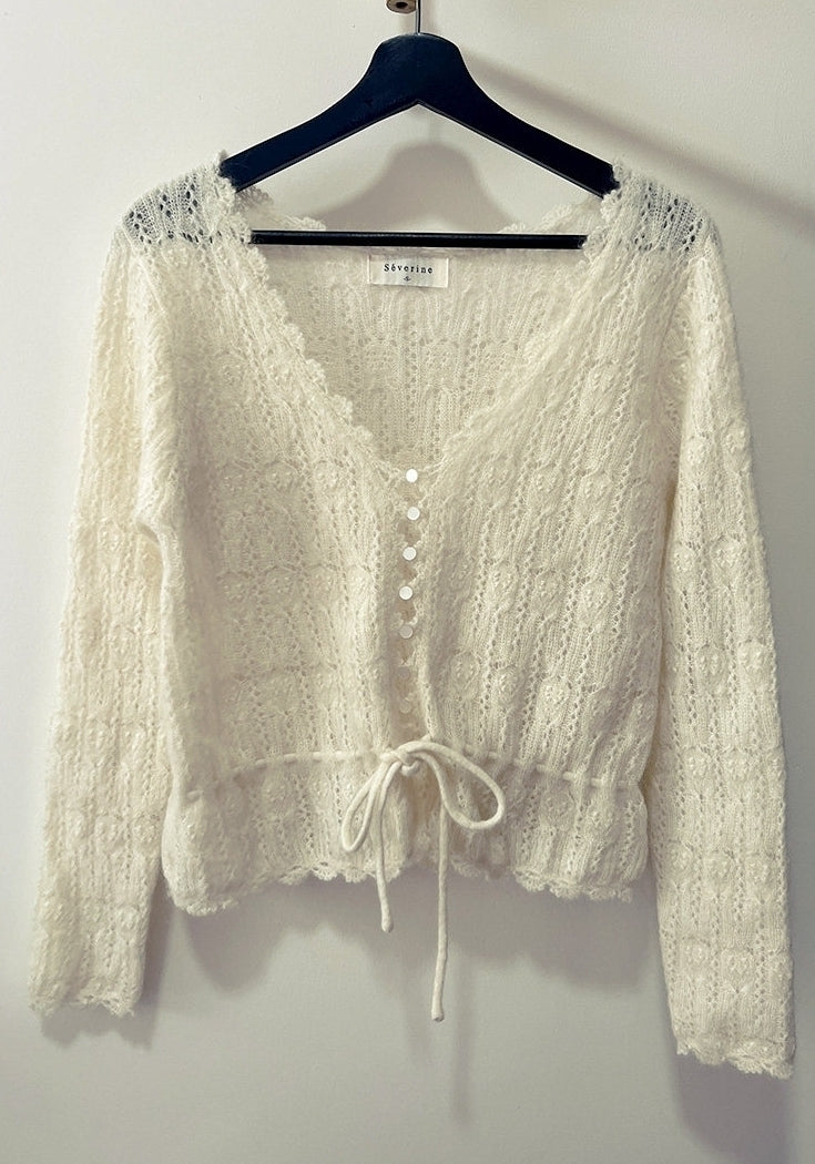 White Pointelle Button Knit Top
