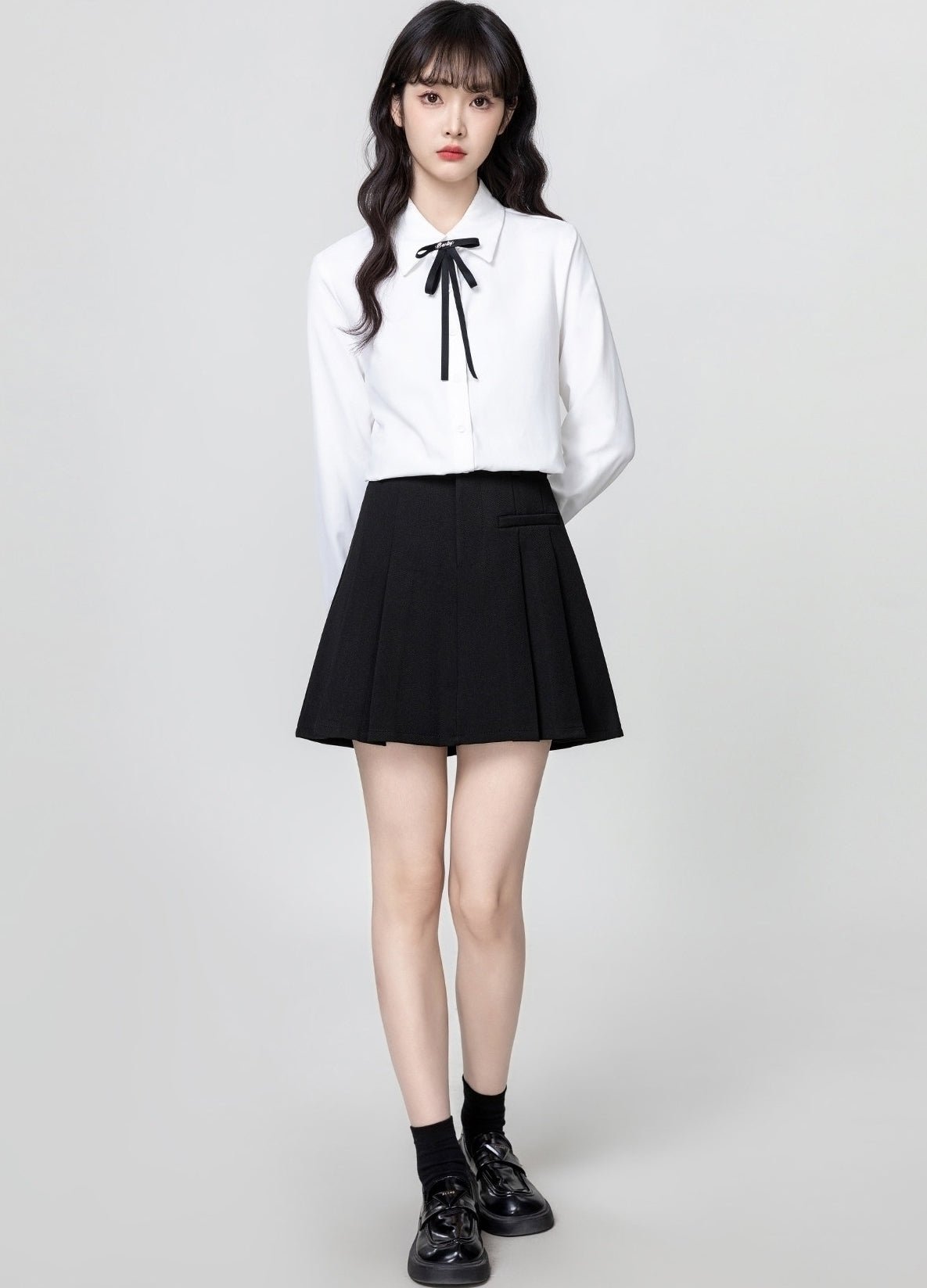 White Polo Collar Long Sleeve Shirt With Tie Front
