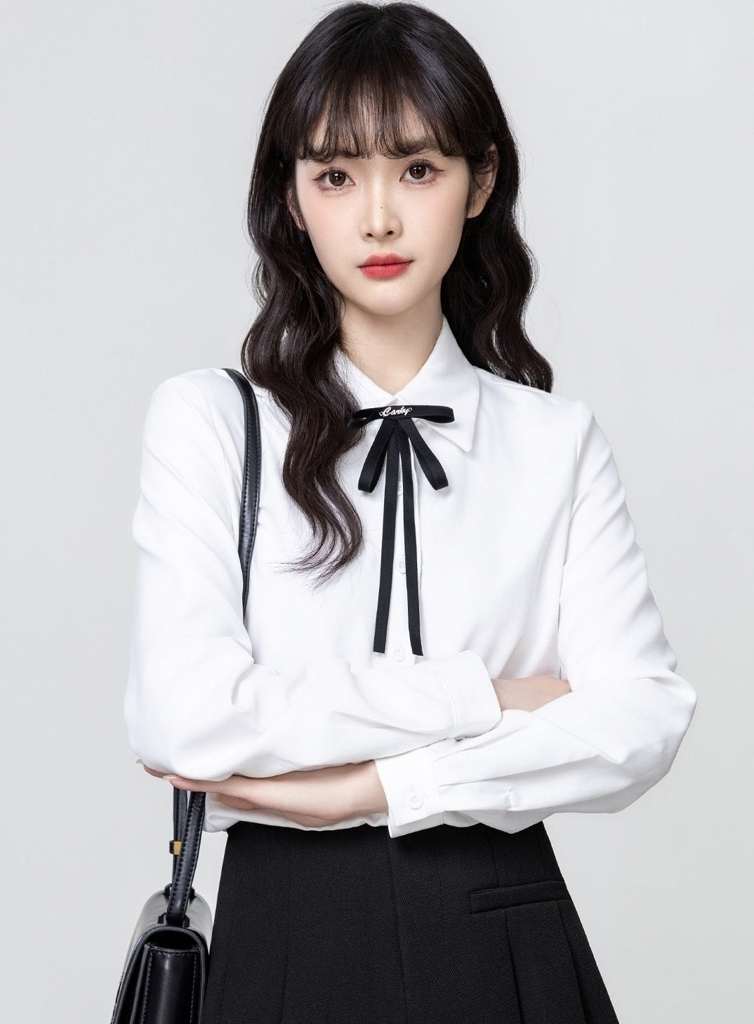 White Polo Collar Long Sleeve Shirt With Tie Front