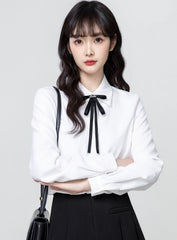 White Polo Collar Long Sleeve Shirt With Tie Front
