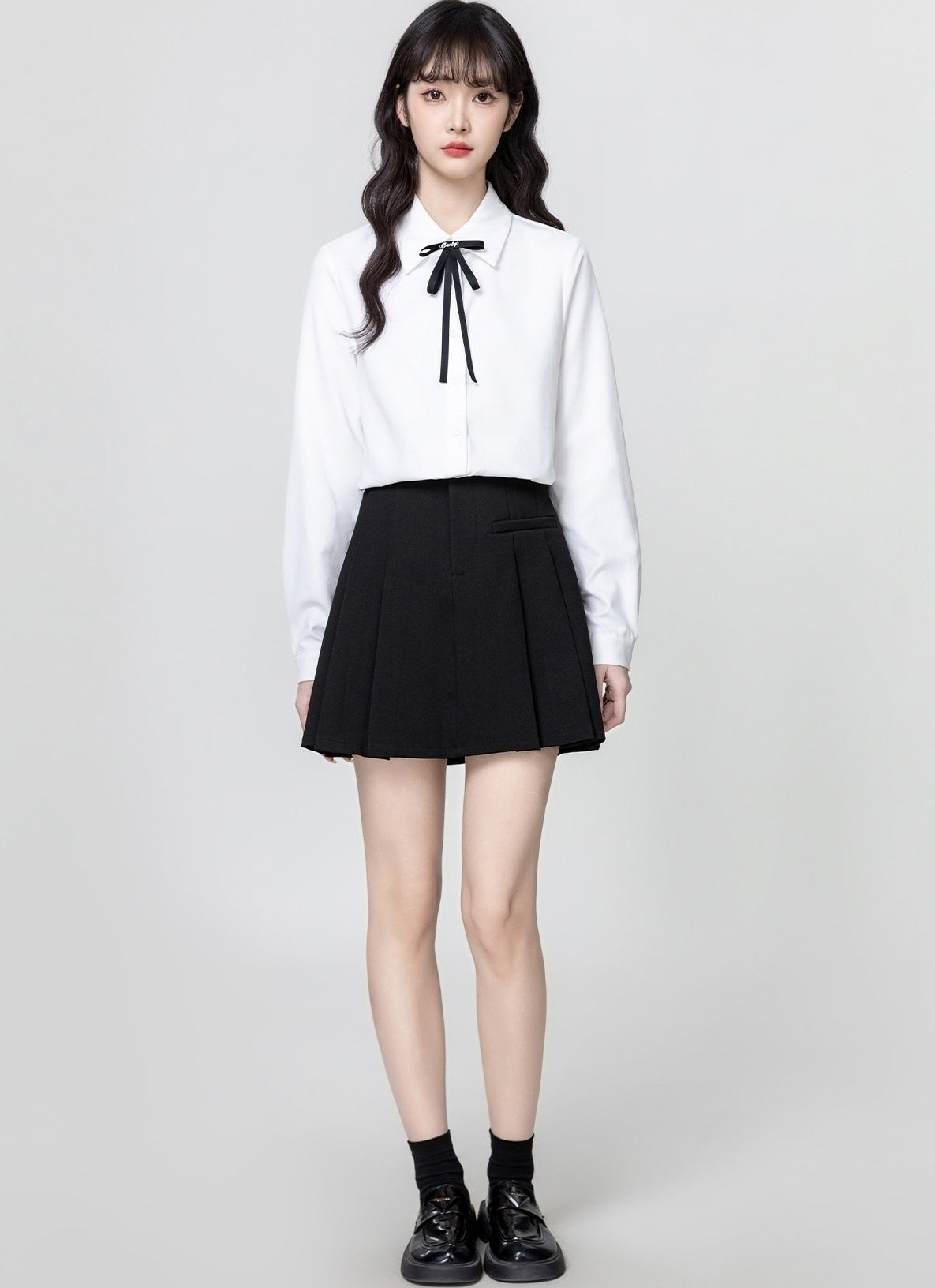 White Polo Collar Long Sleeve Shirt With Tie Front