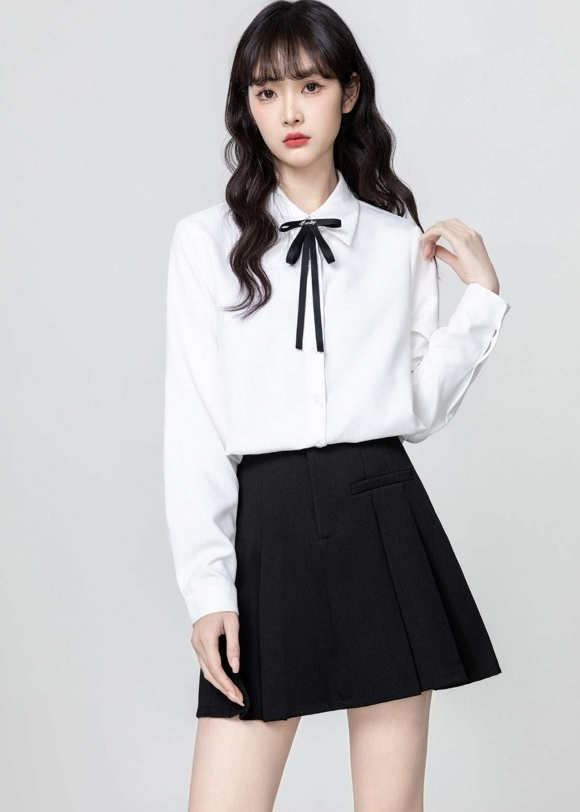 White Polo Collar Long Sleeve Shirt With Tie Front