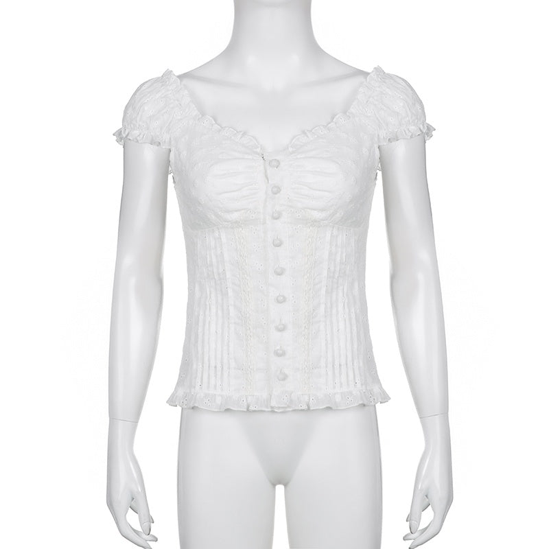 White Puff Sleeve Button-Down Top
