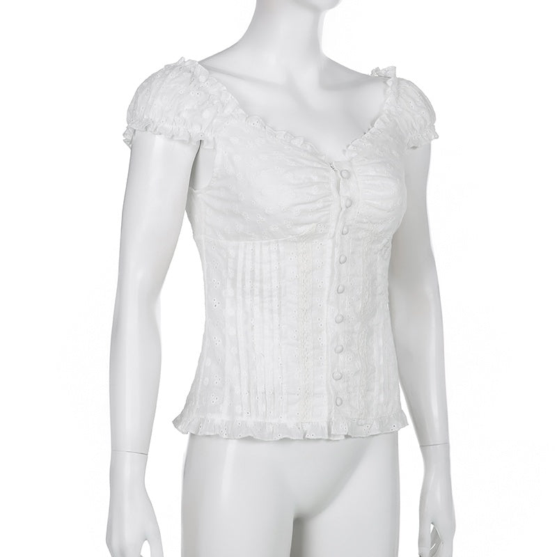 White Puff Sleeve Button-Down Top