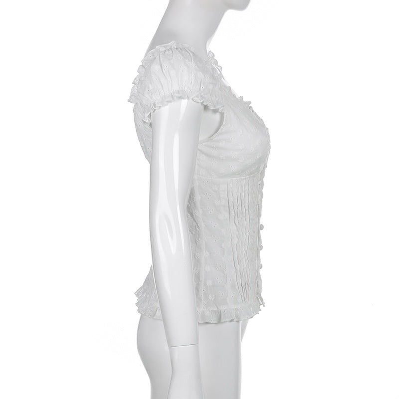 White Puff Sleeve Button-Down Top