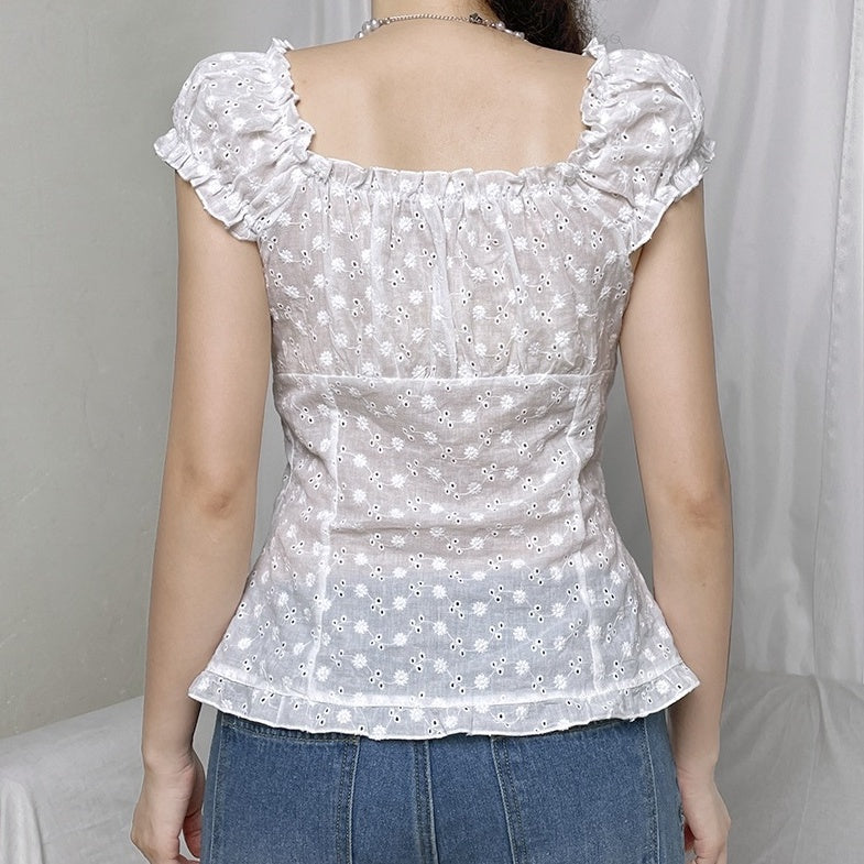 White Puff Sleeve Button-Down Top