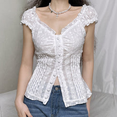 White Puff Sleeve Button-Down Top