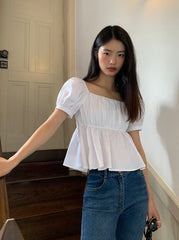 White Puff Sleeves Peplum Top