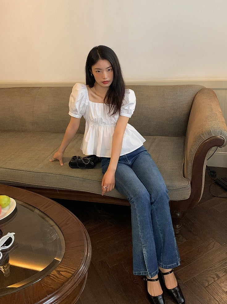 White Puff Sleeves Peplum Top