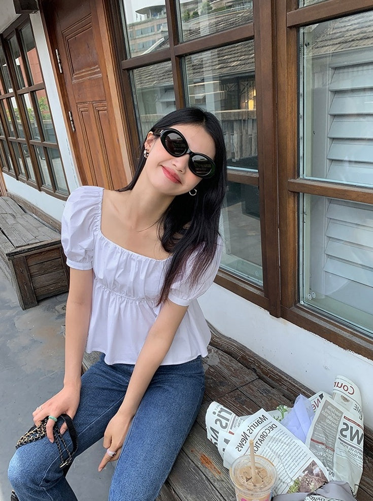 White Puff Sleeves Peplum Top