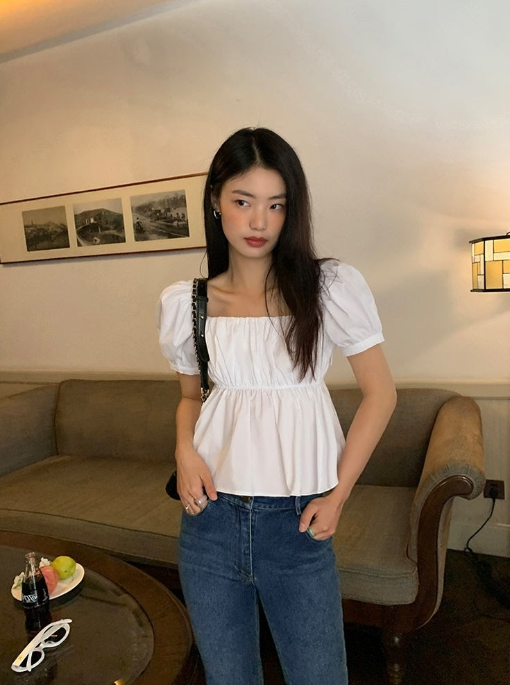 White Puff Sleeves Peplum Top