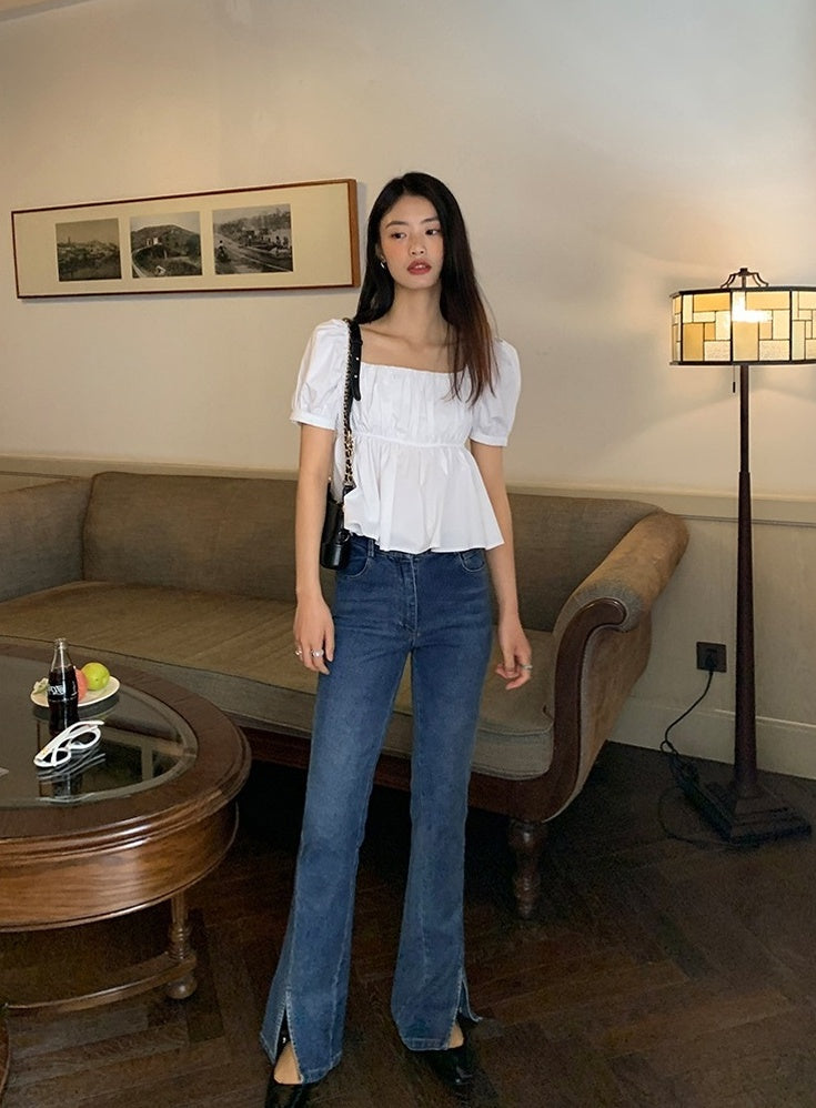 White Puff Sleeves Peplum Top