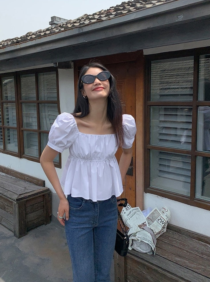 White Puff Sleeves Peplum Top
