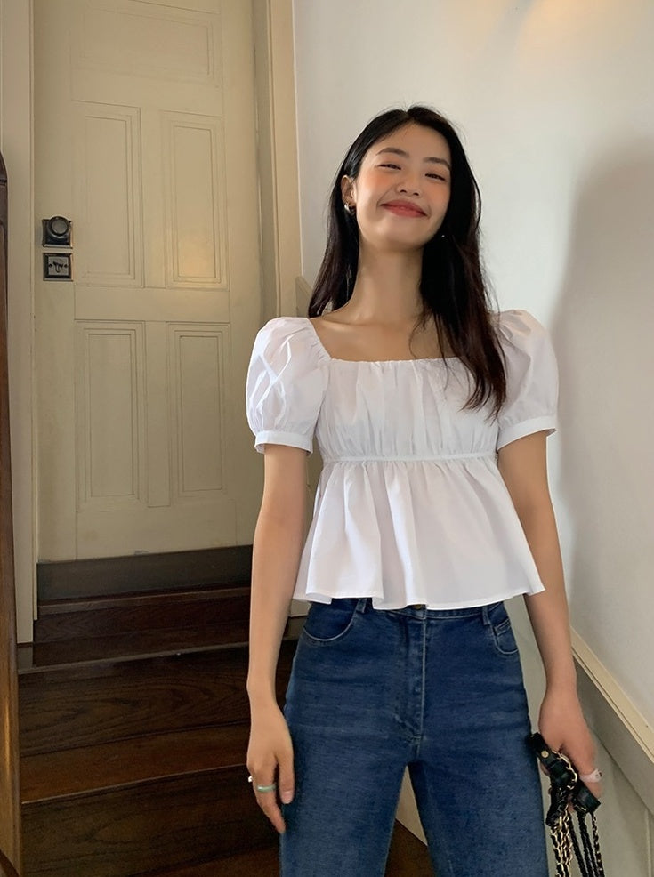 White Puff Sleeves Peplum Top