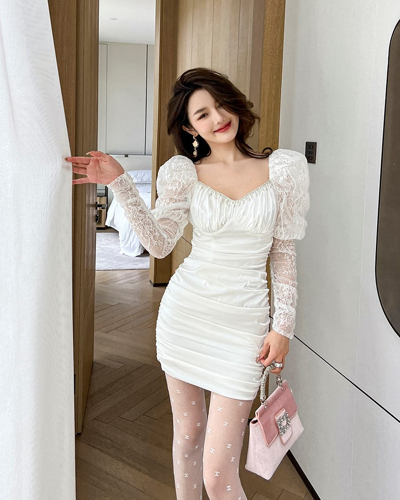 White Puffed Sleeves Bodycon Dress With Lace Sleeves