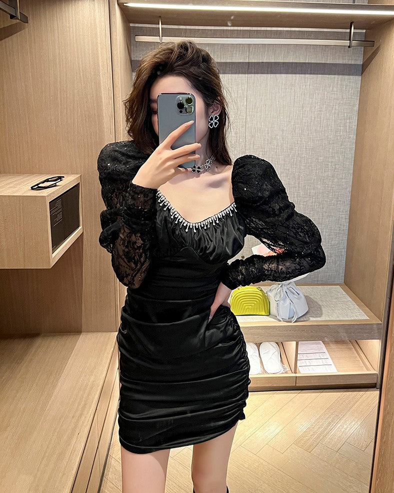 White Puffed Sleeves Bodycon Dress With Lace Sleeves