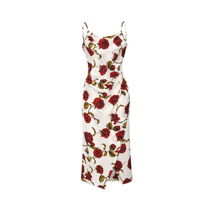 White Red Rose Cowl Neckline Dress