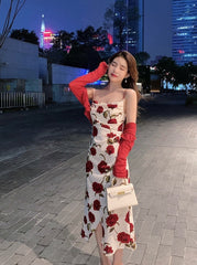White Red Rose Cowl Neckline Dress