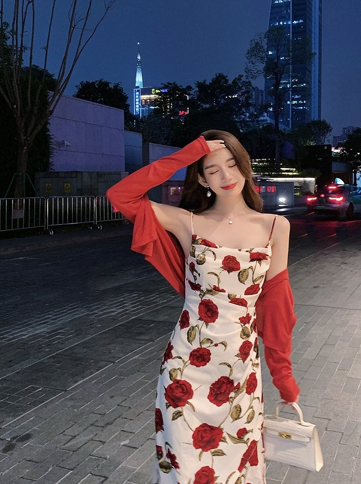 White Red Rose Cowl Neckline Dress
