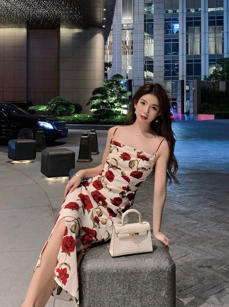 White Red Rose Cowl Neckline Dress