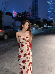 White Red Rose Cowl Neckline Dress