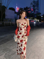 White Red Rose Cowl Neckline Dress