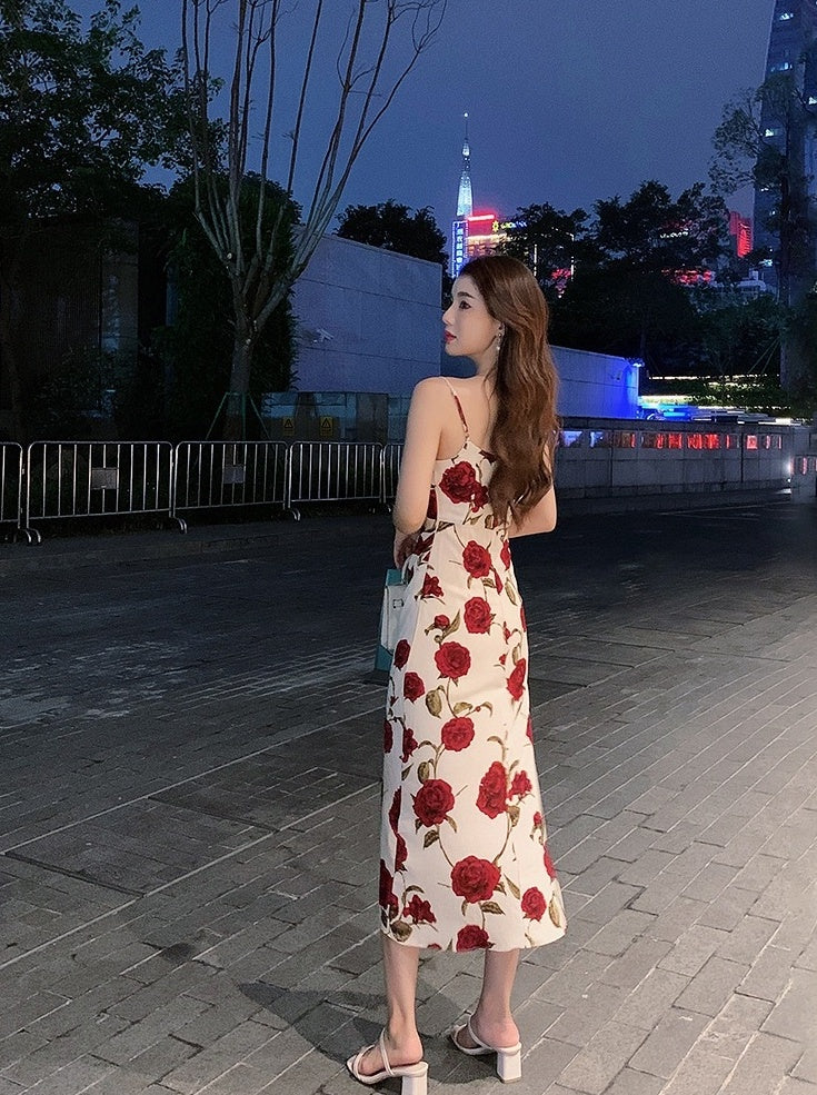 White Red Rose Cowl Neckline Dress