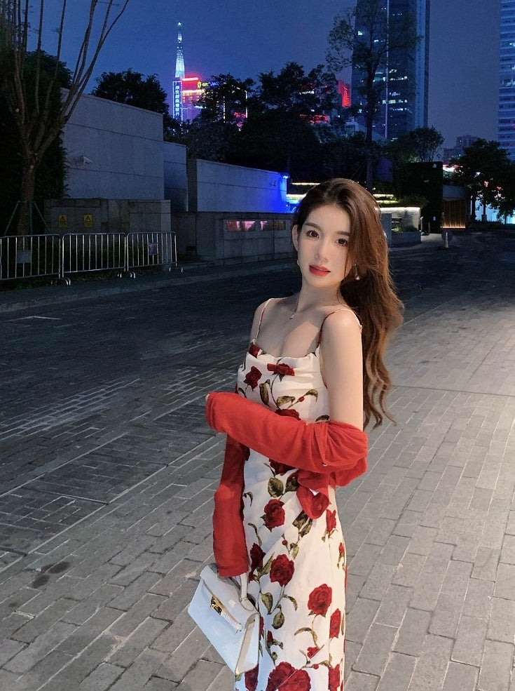White Red Rose Cowl Neckline Dress