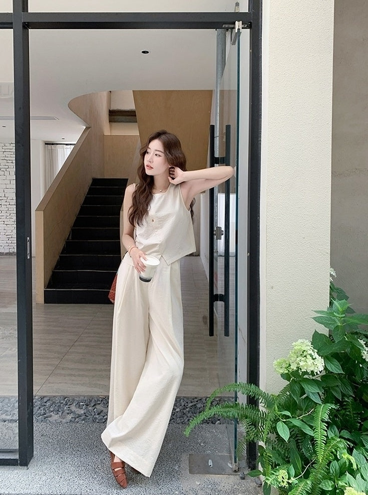 White Relaxed Fit Top And Wide Leg Pants Set