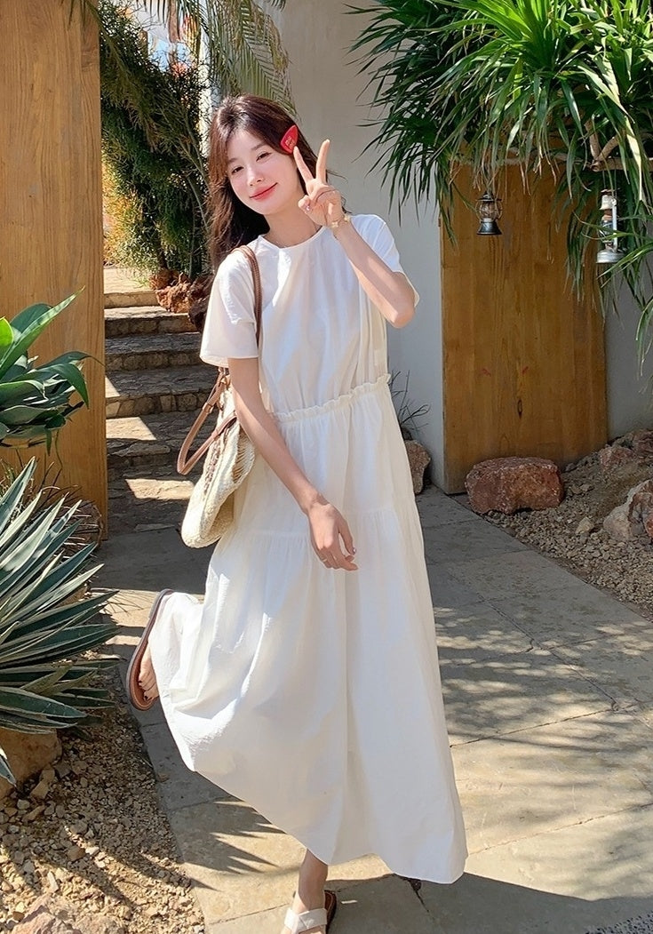 White Resort Style Slim Fit Waist A Line Dress