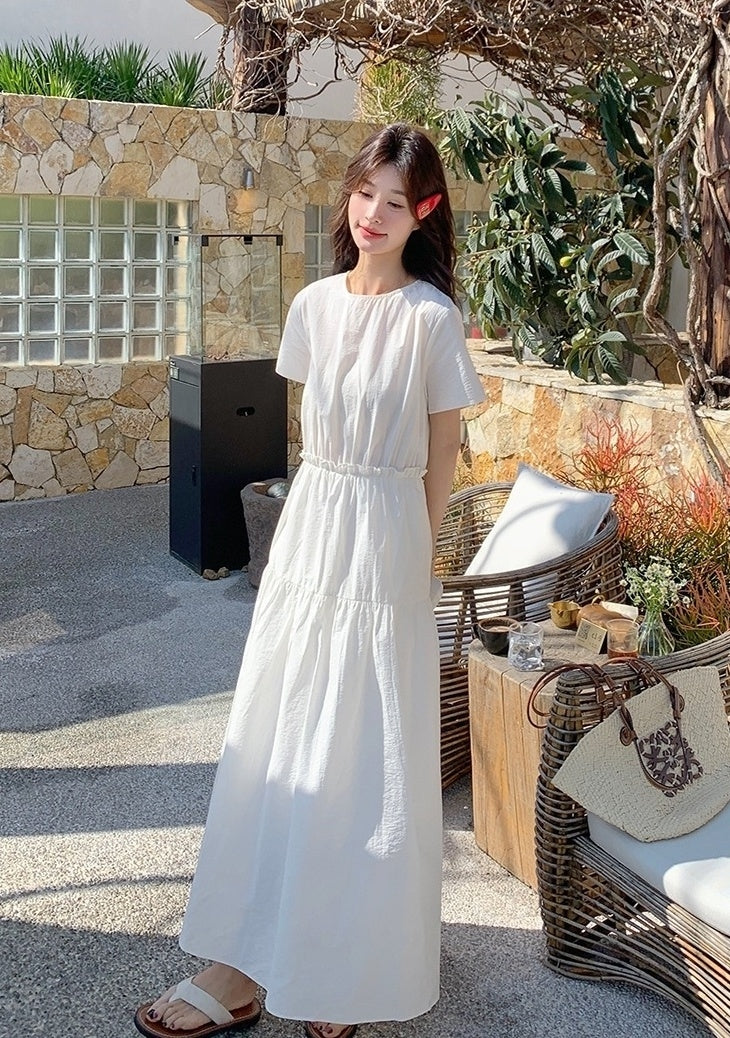 White Resort Style Slim Fit Waist A Line Dress