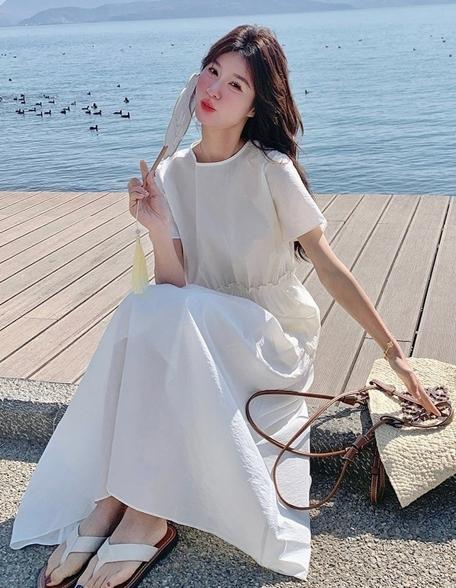 White Resort Style Slim Fit Waist A Line Dress