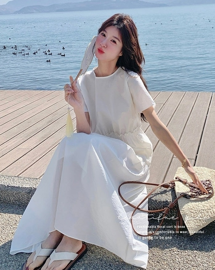 White Resort Style Slim Fit Waist A Line Dress