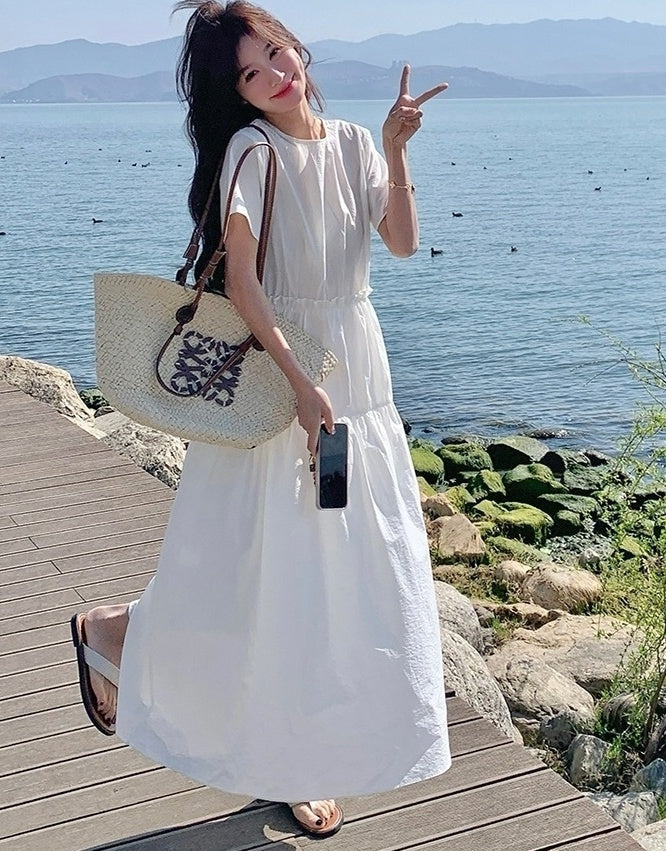 White Resort Style Slim Fit Waist A Line Dress