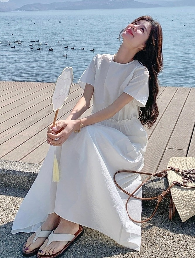 White Resort Style Slim Fit Waist A Line Dress