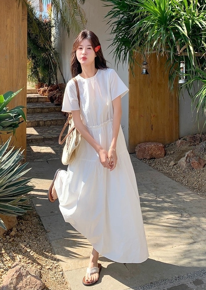 White Resort Style Slim Fit Waist A Line Dress