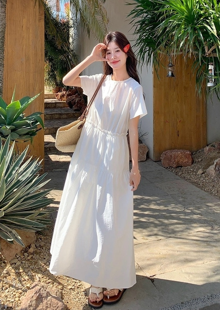 White Resort Style Slim Fit Waist A Line Dress