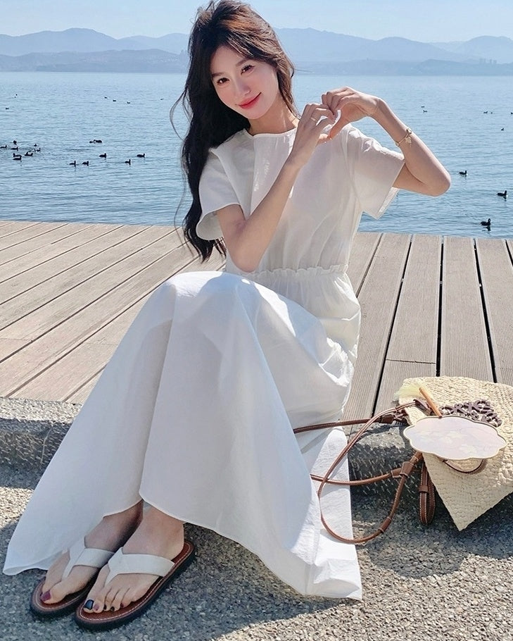 White Resort Style Slim Fit Waist A Line Dress