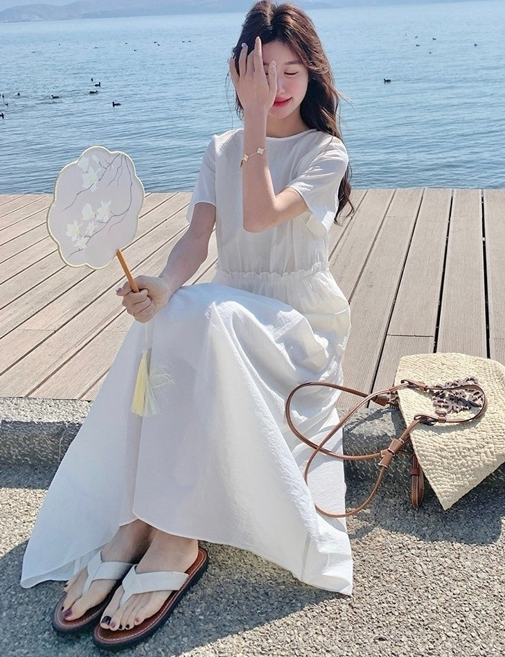 White Resort Style Slim Fit Waist A Line Dress