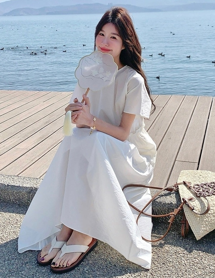 White Resort Style Slim Fit Waist A Line Dress