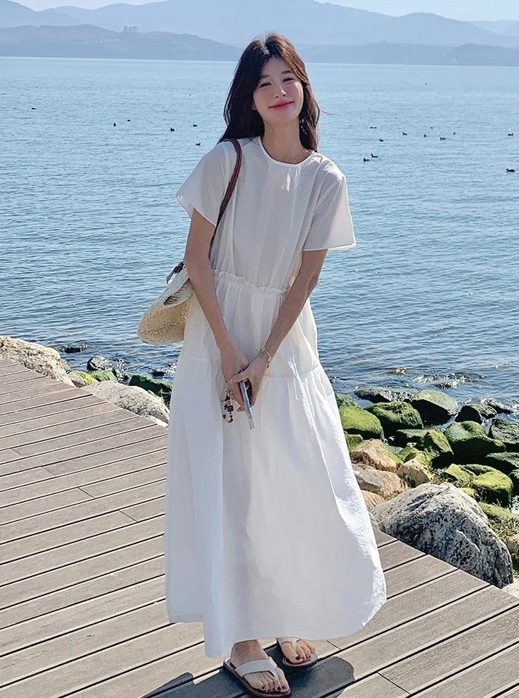 White Resort Style Slim Fit Waist A Line Dress