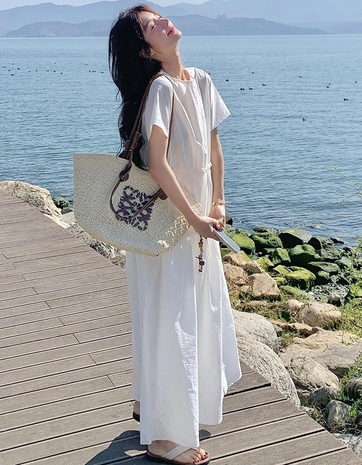 White Resort Style Slim Fit Waist A Line Dress