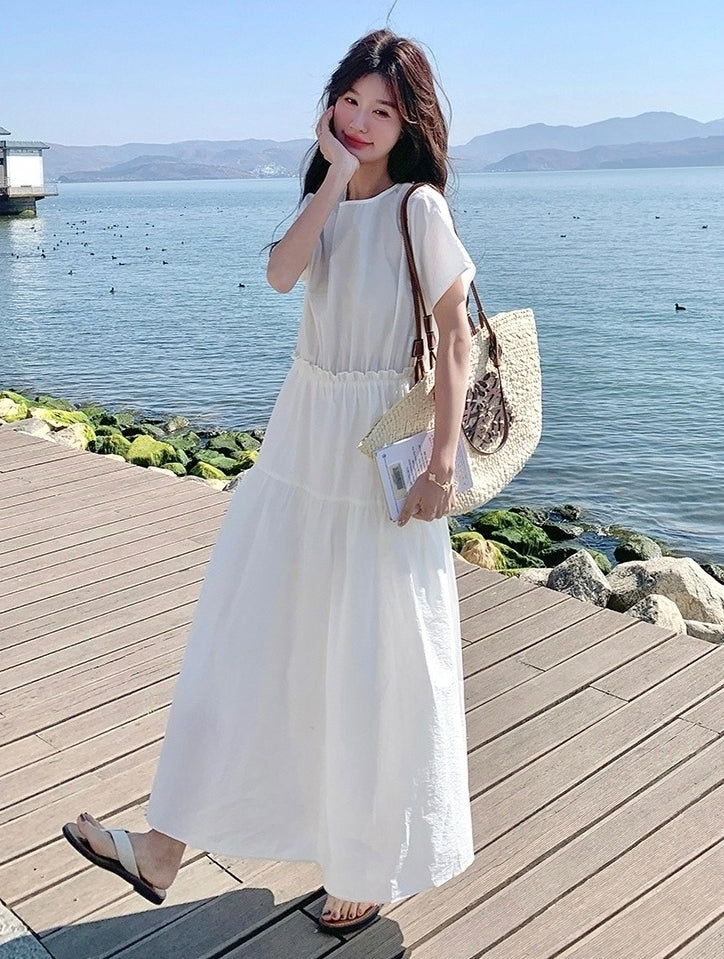 White Resort Style Slim Fit Waist A Line Dress