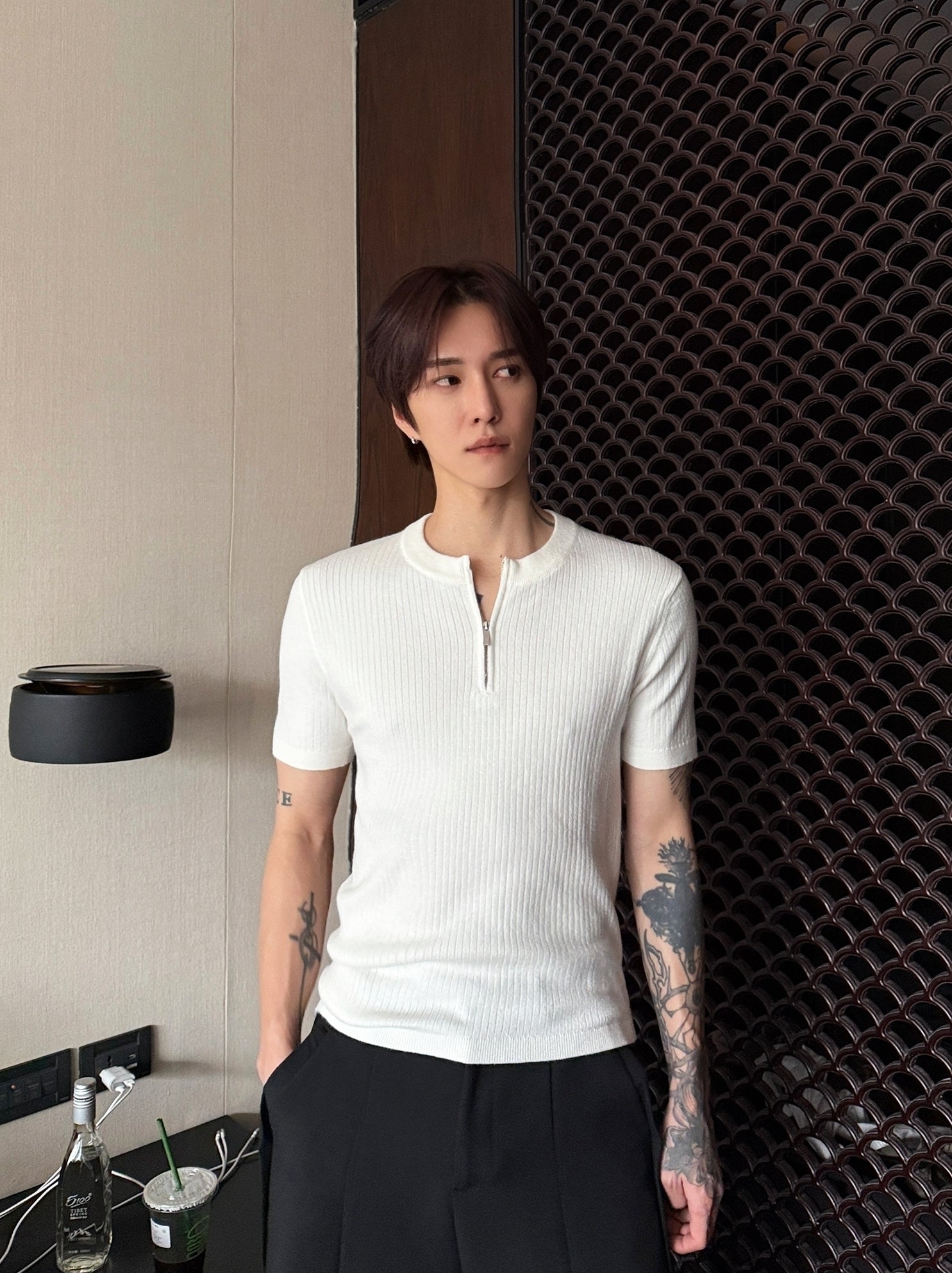 White Ribbed Half-Zip Knit Polo Shirt