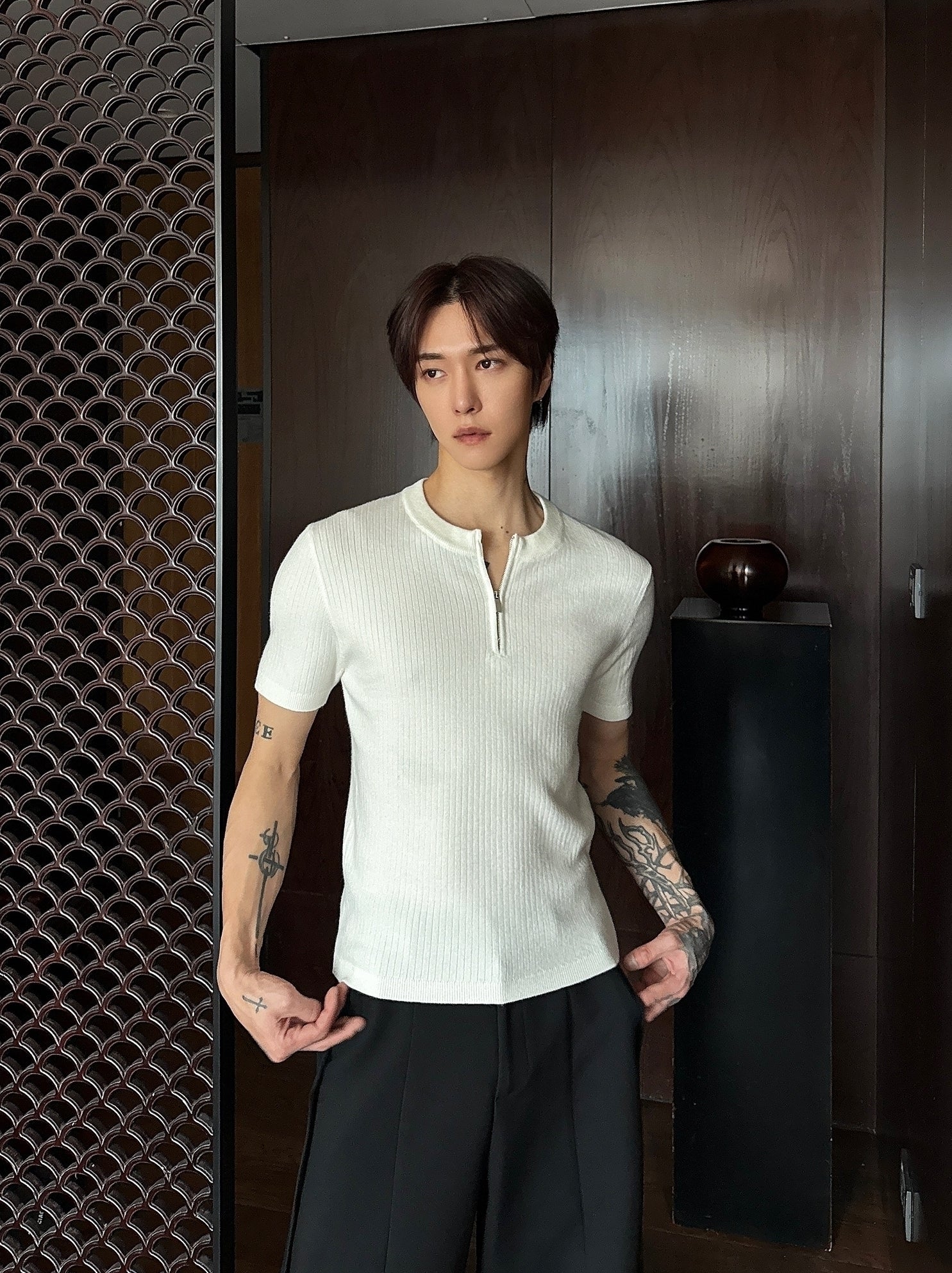 White Ribbed Half-Zip Knit Polo Shirt