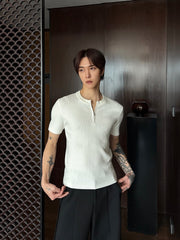 White Ribbed Half-Zip Knit Polo Shirt
