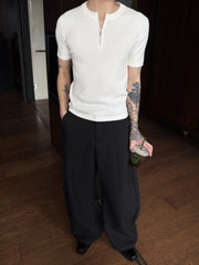 White Ribbed Half-Zip Knit Polo Shirt