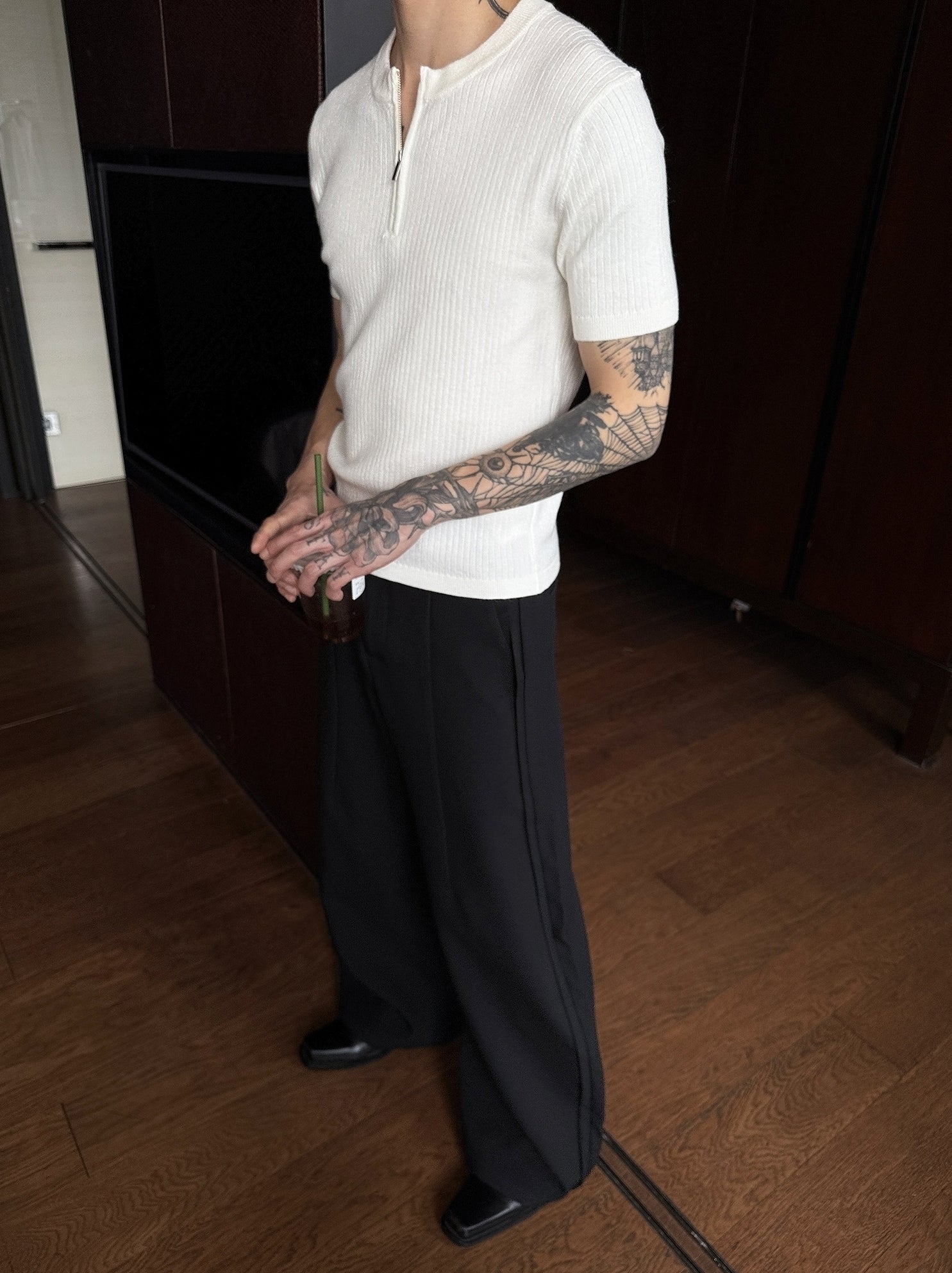 White Ribbed Half-Zip Knit Polo Shirt