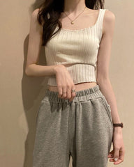 White Ribbed Square Neck Sleeveless Crop Top