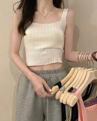 White Ribbed Square Neck Sleeveless Crop Top